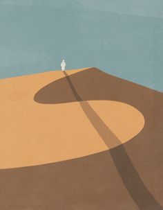 a painting of a person standing on top of a dirt hill with a shadow cast by the ground