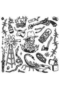 an old fashioned drawing of various items and things