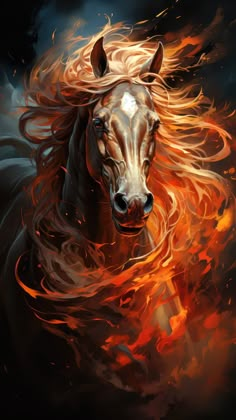 a painting of a horse with orange and red flames on it's face, in front of a black background