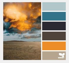 the color palette is blue, yellow and brown with clouds in the sky above it