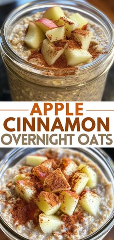 apple cinnamon overnight oatmeal in a glass bowl and topped with cinnamon powder