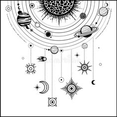 the solar system with planets and sun in black and white royalty illustration