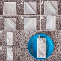 how to fold napkins on a blue plate and place them in the same pattern