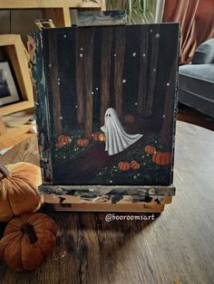 Spooky Ghost forest painting, Halloween, pumpkins, Easy Diy Halloween Paintings, Painting Halloween Canvas, Halloween Simple Paintings, Halloween Aesthetic Painting Ideas, Halloween Painting Acrylic, Diy Halloween Painting Ideas, Paintings Ideas Halloween, Fall Inspired Painting Ideas, Fall Painted Canvas Ideas