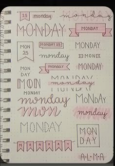 a notebook with writing on it and the words monday written in cursive type