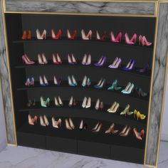 there are many pairs of shoes on display in the shoe rack that is made out of marble