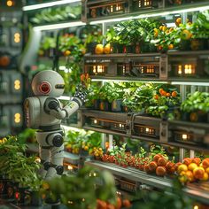 a robot standing in front of an array of vegetables and fruits with plants growing on the shelves