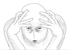 a black and white drawing of a person covering their eyes