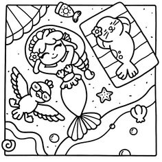 a coloring page for children with an image of mermaids and sea animals on the beach