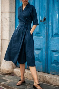 Linen Dress ATHENA Wrap Dress Linen Dress With Collar Midi - Etsy Blue A-line Linen Midi Dress, Elegant Blue Linen Midi Dress, Elegant Blue Knee-length Linen Dress, Blue Linen V-neck Dress, Summer Indigo Linen Dress, Solid Skirt, Marine Uniform, Midi Dress Style, Medium Dress