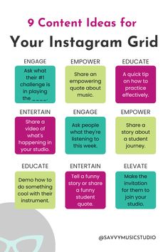 Here are 9 content ideas to use on your music studio's instagram grid. Alternate between the 4 E's: Engage, Empower, Educate, Entertain. Voice Over Instagram Post, Theatre Social Media, Educational Instagram Post Ideas, Teacher Social Media Posts, Music Marketing Ideas, Musician Social Media Content, Teacher Instagram Post Ideas, Music Content Ideas