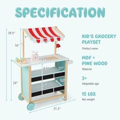 the toy kitchen is shown with measurements for it