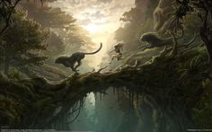 two dinosaurs running across a bridge in the forest