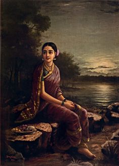 a painting of a woman sitting on a rock