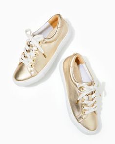 Leather lace up sneaker with gold metallic and pave rhinestone accents. Solid Nappa Leather. Imported. | Women's Lux Hallie Sneaker in Gold | Size 8.5 - Lilly Pulitzer Sperry Sneaker, Stylish Sneakers, Leather Lace, The Sunshine, Nappa Leather, Superga Sneaker, Leather And Lace, White Leather, Lilly Pulitzer