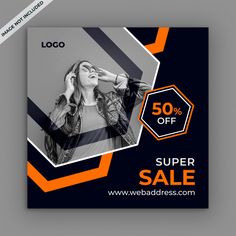 a black and white photo with an orange geometric design for a sale banner or flyer