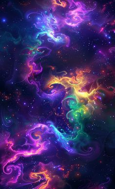 an abstract background with colorful swirls and stars in the night sky, as well as space