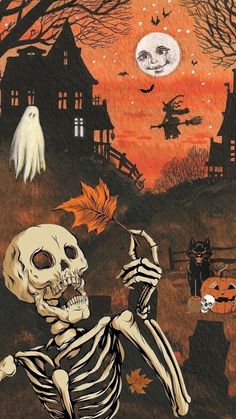 a painting of a skeleton holding a leaf in front of a house with pumpkins