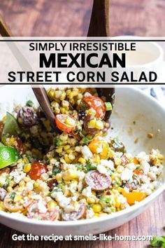 a white bowl filled with mexican street corn salad