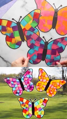 paper butterflies that are cut out and placed on top of each other in different colors