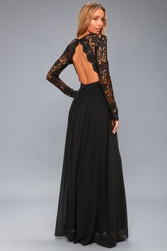 Lulus Exclusive! Open your eyes to a world of beautiful possibilities in the Awaken My Love Black Long Sleeve Lace Maxi Dress! Crocheted lace elegantly graces the fitted bodice of this stunning dress, with a V-neckline and sheer long sleeves. An open back and banded, fitted waist sit above a romantic full length skirt. Hidden back zipper with clasp. Long Sleeve Lace Maxi Dress, Awaken My Love, Black Bridesmaid Dresses, Lace Dress Long, Love Black, Long Sleeve Lace Dress