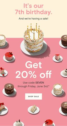 a birthday cake with candles on it and the words get 20 % off use code seven through friday, june 3rd