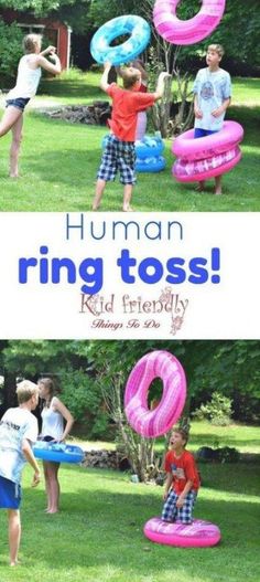 kids playing with inflatable toys on the grass and text that reads, human ring toss