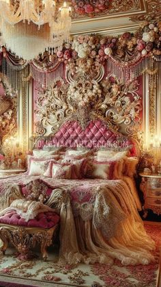 an elaborately decorated bedroom with pink and gold decor