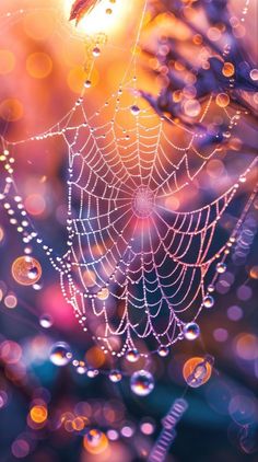 dew covered spider web with the sun shining in the back ground and blurry lights behind it