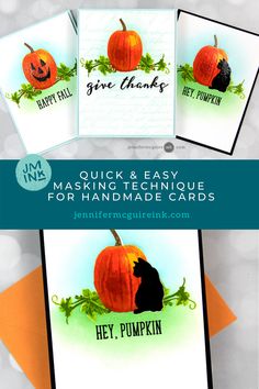 three pumpkins with the words, quick and easy thanksgiving card making technique for handmade cards