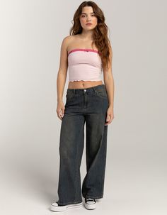 Rsq Low Rise Slouch Wide Leg Tinted Jeans. Crafted With Soft Denim Fabric, These Jeans Feature A Low-Rise Waist And A Slouchy Fit For A Laid-Back Vibe. The Wide-Leg Design Adds A Touch Of Retro Flair, While The Tinted Finish Gives Them A Unique And Eye-Catching Look. Zip Fly And Button Closure. Belt Loop Waist. Traditional Five Pocket Styling. Approx. Inseam: 28''. 99% Cotton, 1% Spandex. Machine Wash. Imported. Model Is Wearing A Size 26. Model Measurements:height: 5'7" Bust: 32"waist: 24.5"hips: 36" Leg Design, Denim Fabric, Model Measurements, Low Rise, Wide Leg, How To Wear