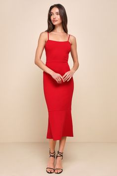 Divine Perfection Red Strappy Sleeveless Trumpet Midi Dress Semi Casual Dresses, Sultry Dress, Old Hollywood Dress, Red Midi Dress Bodycon, Red Fitted Dress, Hollywood Dress, Red Cocktail Dress, Bodycon Skirt, Grad Dresses