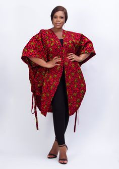 Nkoyo(Means Queen ) Boubou-Mono(in Red) is an all season piece. It's up to you to style it to suit the season.  Imagine throwing Nkoyo over a mini dress, skirt or short & camisole ensemble - and boom! you are good to go this Summer/Spring Season. And for Autumn/Winter, you throw Nkoyo over a Pant, Turtle-neck and boot ensemble. This piece is sure a great value for your buck! Material: African wax print, 100% cotton. PRODUCTION: Item is handmade between 5 to 10 business days, SHIPPING (DHL): take Ankara Jacket Styles, Ankara Boubou, Kimono Ankara, Adire Styles, Two Pieces Outfits, African Print Kimono, Fits For Winter, Ankara Kimono, Kimono Patterns