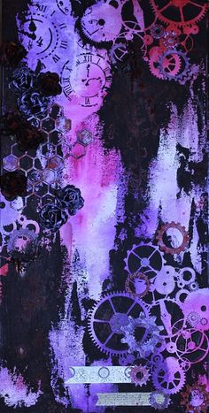 an abstract painting with lots of different gears on it's side and purple background