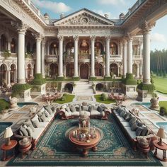 a large living room filled with furniture and lots of columns in front of a building