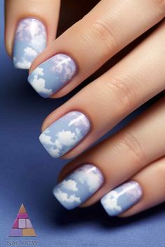 Cloud Nine Aesthetics: Nail Designs that Reach New Heights 21 Blue Sky Nail Designs, Nails Cloud Design, Sky Nails Design, Nail Art Clouds, Blue Cloud Nails, Nails With Clouds, Cloud Nail Designs, Clouds Nails