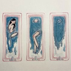 three paintings depicting people swimming in the same pool and on different sides, each with their own reflection