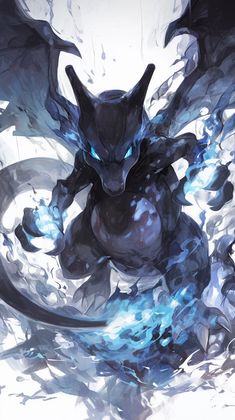 an illustration of a black dragon with blue eyes and wings, surrounded by water droplets