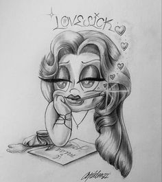 a pencil drawing of a girl with glasses on her face and the words love story written in