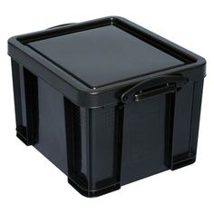 a black plastic storage box with handles