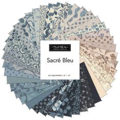 an assortment of blue and white fabrics with the words sacre bleu on it