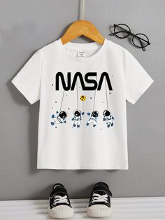 Young Boys' Casual Astronaut & Letter Printed Short Sleeve Round Neck T-Shirt, Summer White Casual  Short Sleeve Knitted Fabric Cartoon,Letter  Slight Stretch  Young Boys Clothing, size features are:Bust: ,Length: ,Sleeve Length: Kids T Shirt Design Boys, Kids T Shirt Design Ideas, Boys Tshirt Design, Kids Tshirt Designs, Cute Tshirt Designs, Cool Shirt Designs, Kids Garments, T Shirt Design Template, Shirt Logo Design