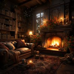 a living room filled with furniture and a fire place next to a book shelf full of books