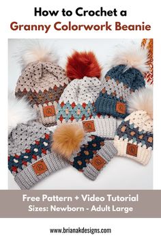 the crochet granny hat pattern is shown in several different colors and sizes, with text