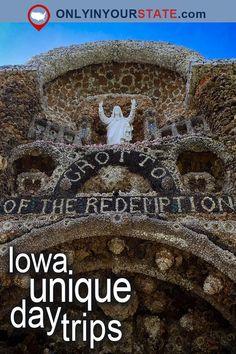 the front entrance to an old stone building with a statue on it's side