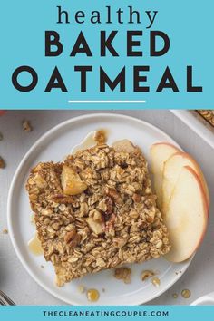 healthy baked oatmeal on a plate with an apple