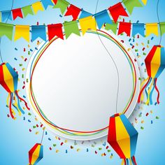 an image of a party banner with streamers and confetti on blue background