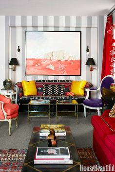 a living room filled with lots of colorful furniture