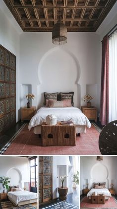 a collage of photos showing the interior of a bedroom with white walls and wood ceilinging