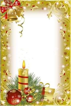 a christmas card with a candle and ornaments